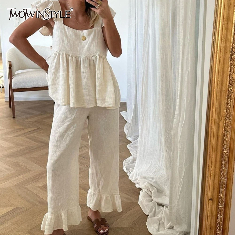 

TWOTWINSTYLE повседневный комплект из двух предметов с рюшами для женщин, топ с квадратным воротником и летающими рукавами, высокая талия, широкий брючный костюм, женский новый