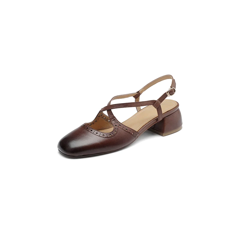 Women's genuine leather  high heel cross strap carving british style pumps elegant ladies retro daily slim dress pumps shoes