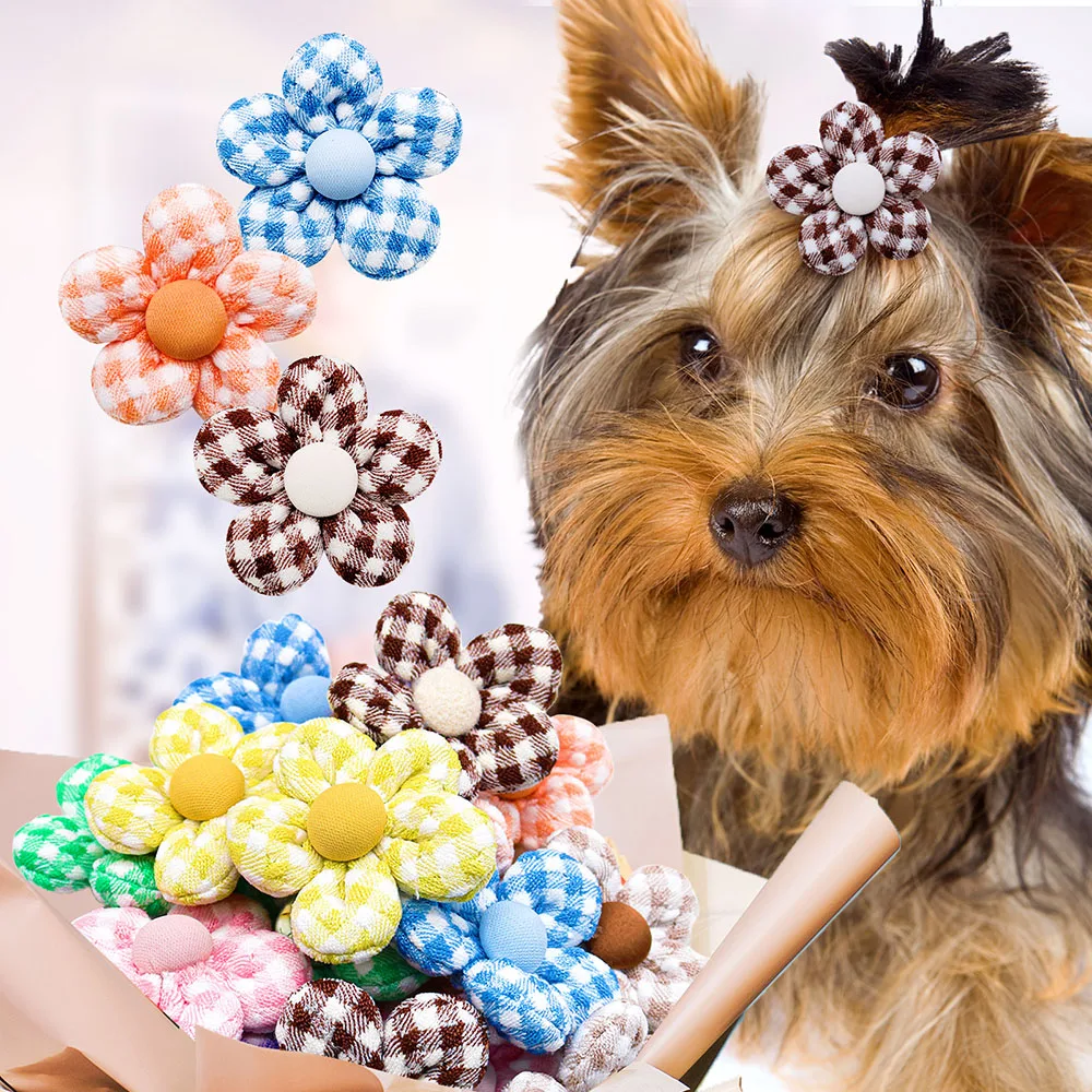 20 piezas lazos para mascotas con forma de flores, accesorios para el cabello, lazos hechos a mano para perros con bandas de goma, lazo para perros, productos de aseo para mascotas