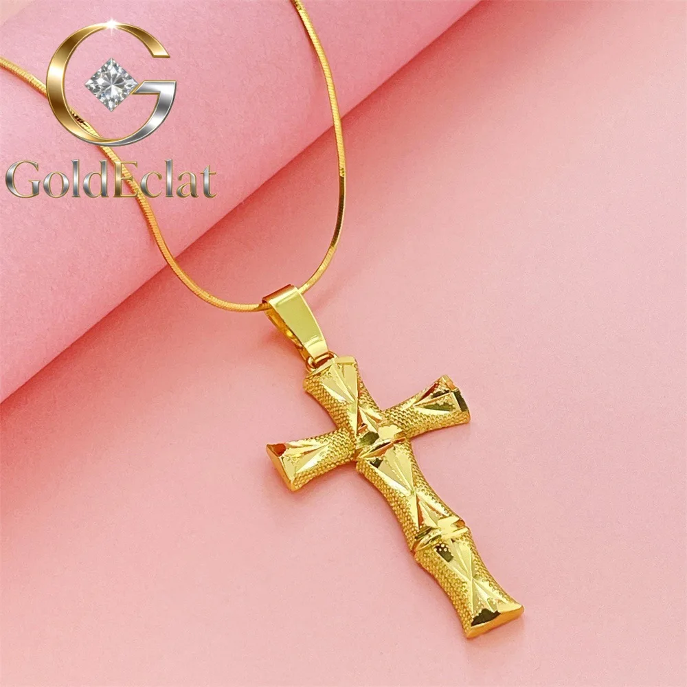 

GoldEclat Luxury 24K 9999 Pure Gold real gold Bamboo Cross Pendant Necklace