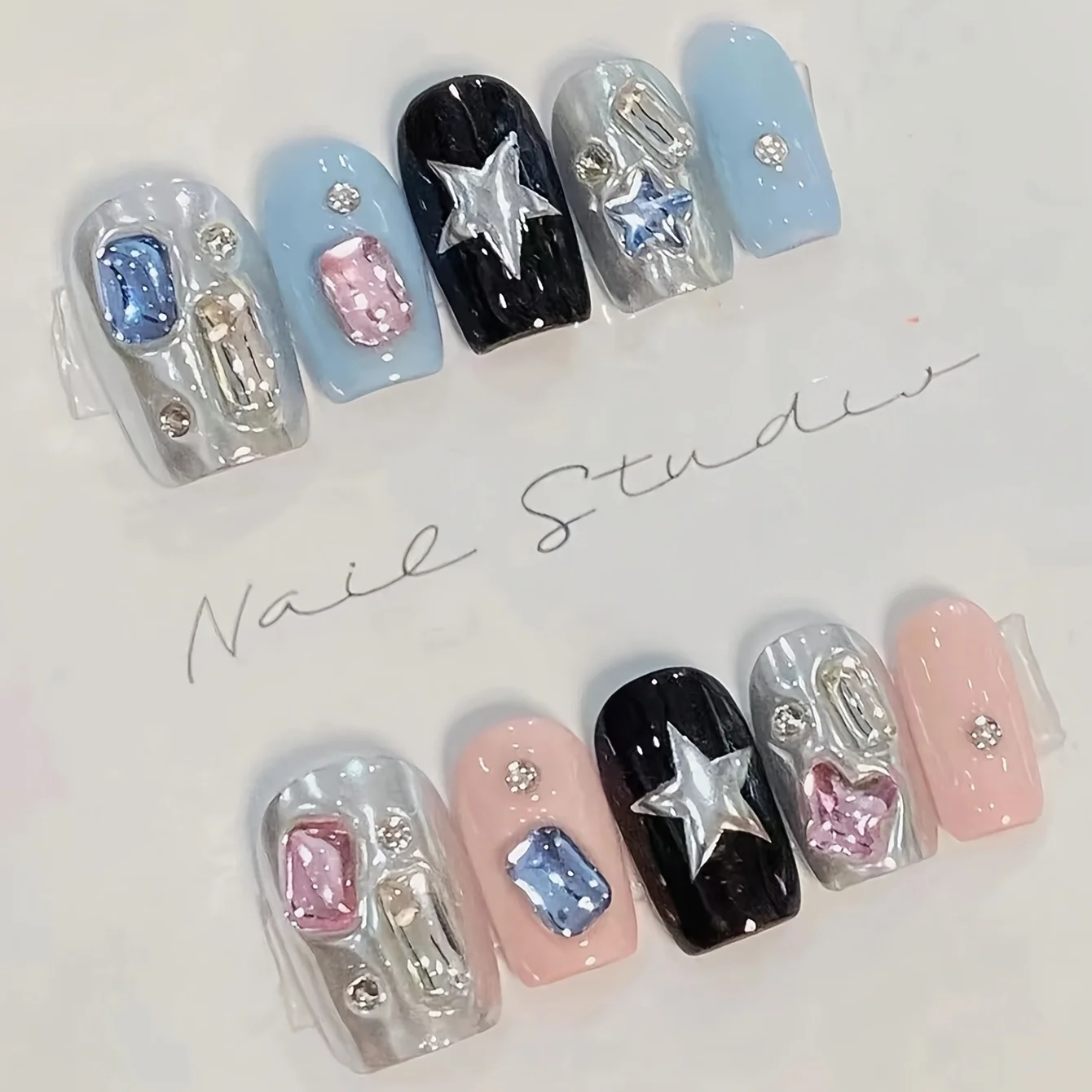 10 Stück hochwertige Spice Girl Blau-Rosa-Farbwechsel-Nägel, niedlicher Stil, handgemachte künstliche Nägel, niedliche Nagelsticker für Frauen. – Detail 5
