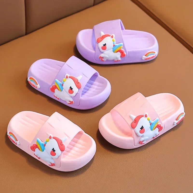 Summer Kids Home Shoes Baby Girls Slippers For 2-8 Years Children Cartoon Unicorn Bathroom Antislip Flip Flops Thick Sole Slides