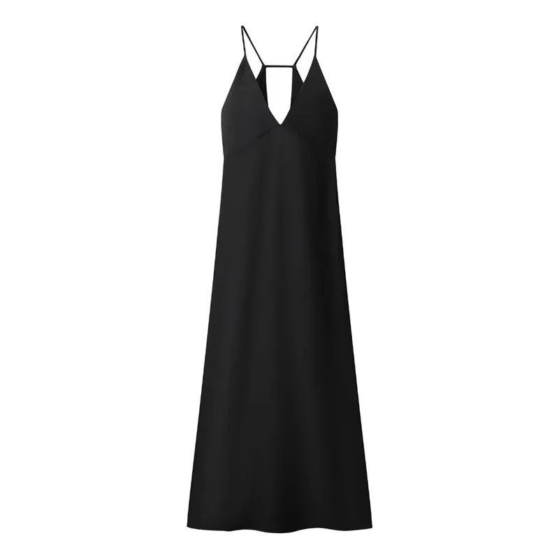 Autumn Fashion Small Black Dress Simple Silk Satin Texture Long Dress