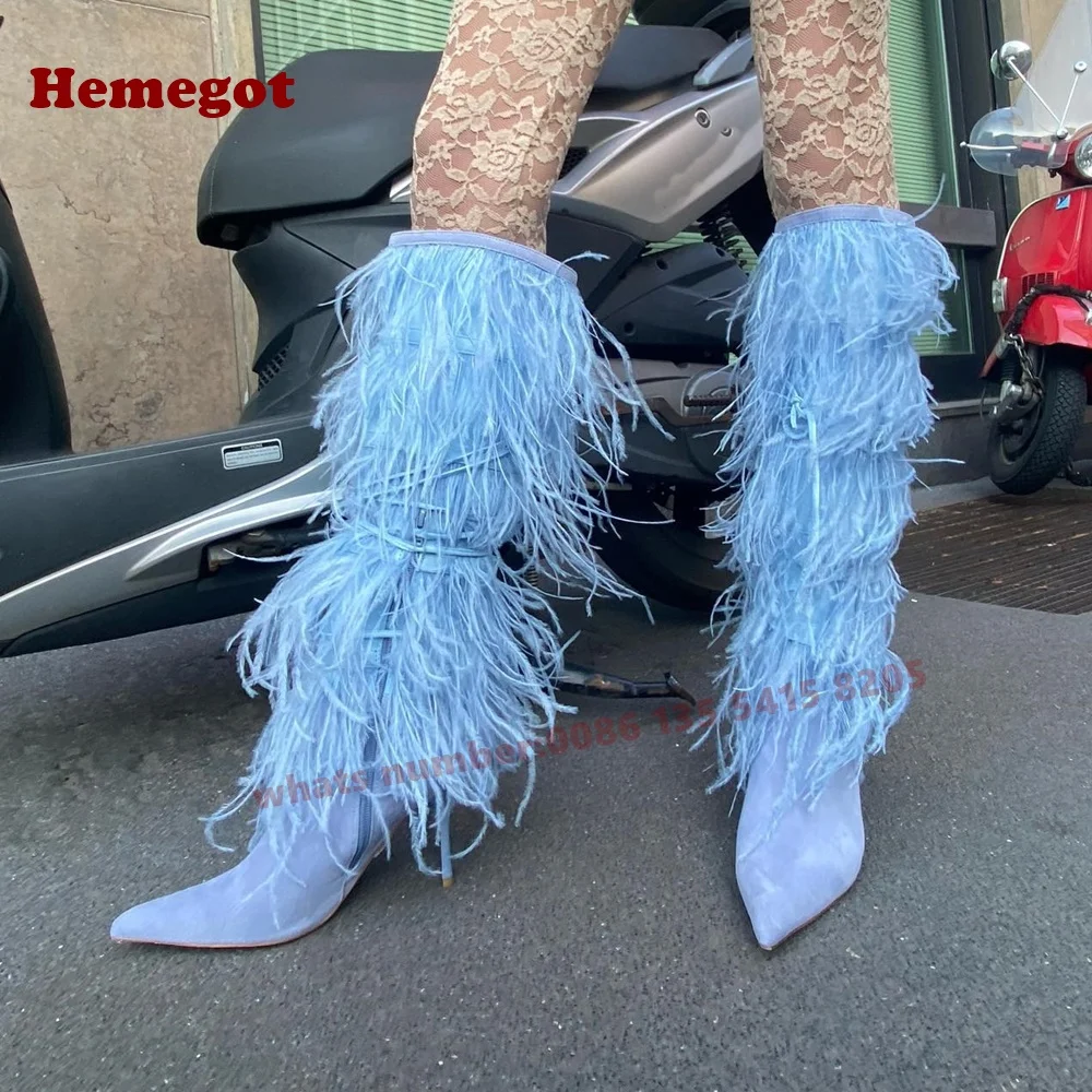 Blue Fur Lace Up Knee High Boots Suede Pointy Toe Stiletto Cross Strappy Women's Long Boots 2025 Winter Fluffy Side Zipper Shoes