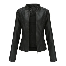 Veste en cuir slim fit pour femme, veste mince pour moto, grand col montant imbibé, taille européenne, printemps et automne