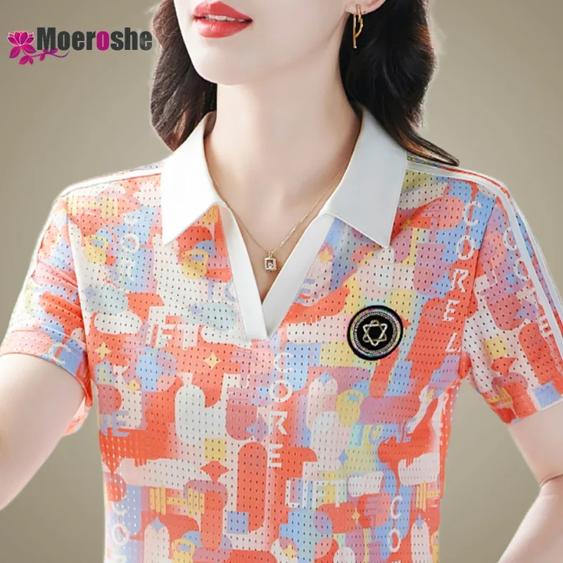 Summer Ladies Monogram Polo Pullover Women's T-shirt Basic Youthful Clothes Fashion Clothing Printed Tops Stylish printed lapels