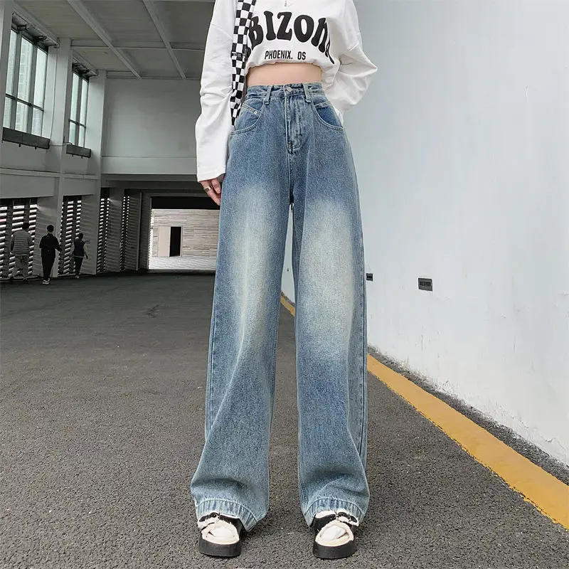 

2024 New Casual Denim Retro Street Loose Straight Leg Pants Fashionable Jeans Women High-waist Mopping Wide-leg Trousers L164