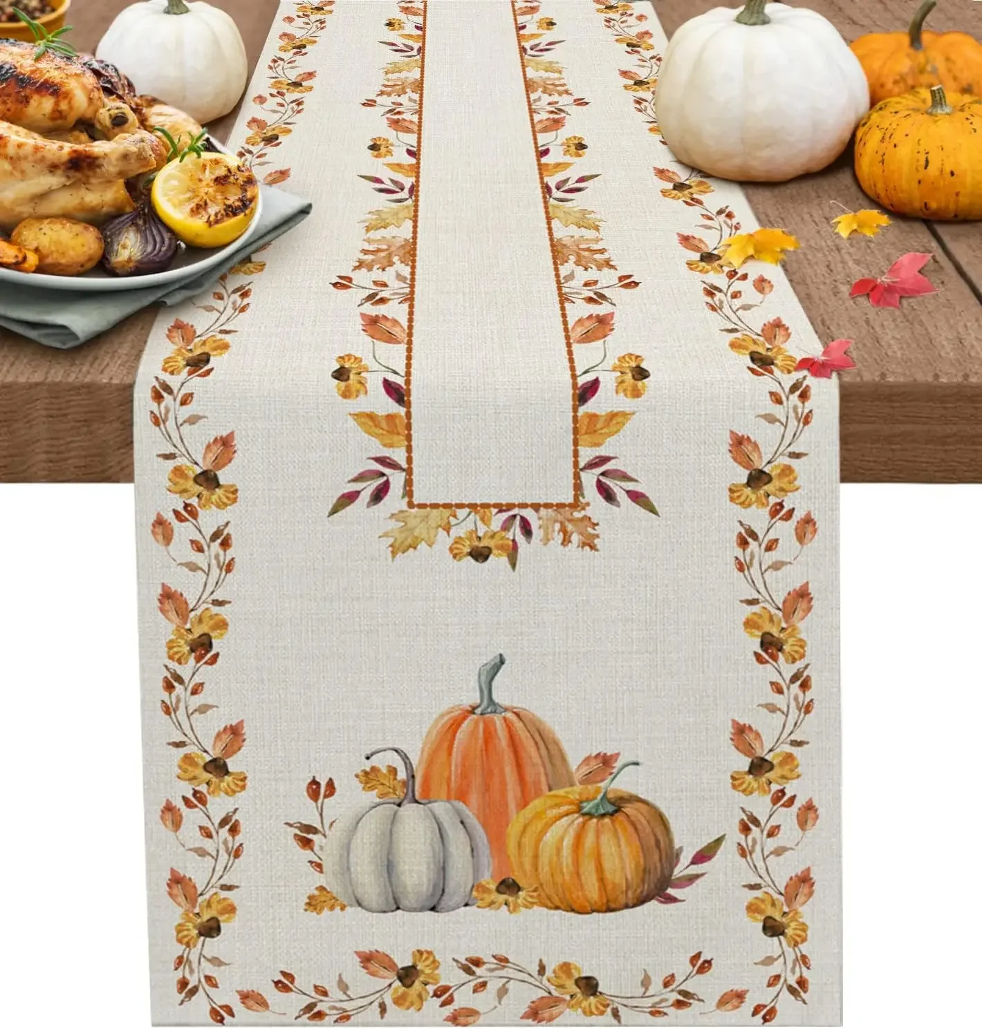 1Pc Autumn Harvest Style Table Runner Beige Pumpkin Leaf Floral Print Table Cover For Dining Room Kitchen Thanksgiving Party Dec