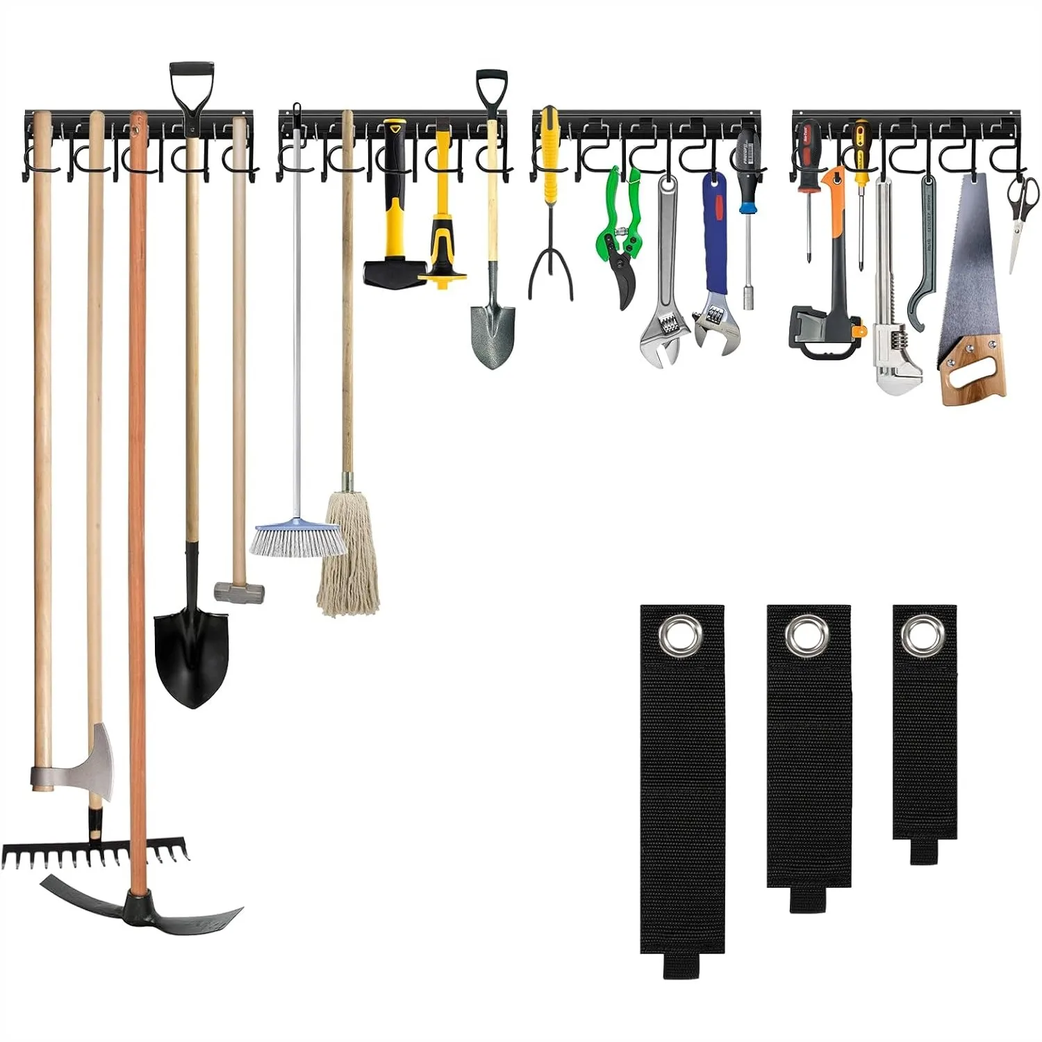 

Metal Garage Tool Organizer Wall Mount, 4 Pack with Extension Cord Straps and Hooks for Shed, Yard Storage, Easy Installation