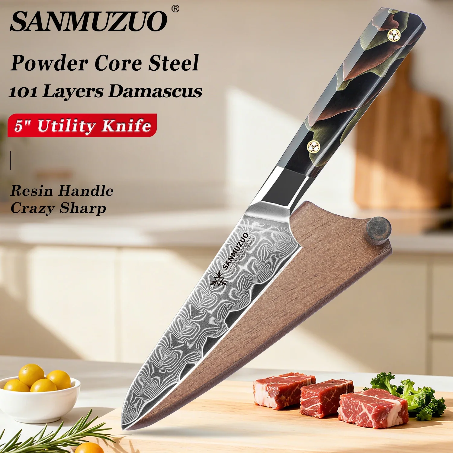

SANMUZUO 5 Inch Utility Knife - BI Series -101 Layers Damascus Powder Steel Kitchen Knives for Easy Slicing - Resin Handle