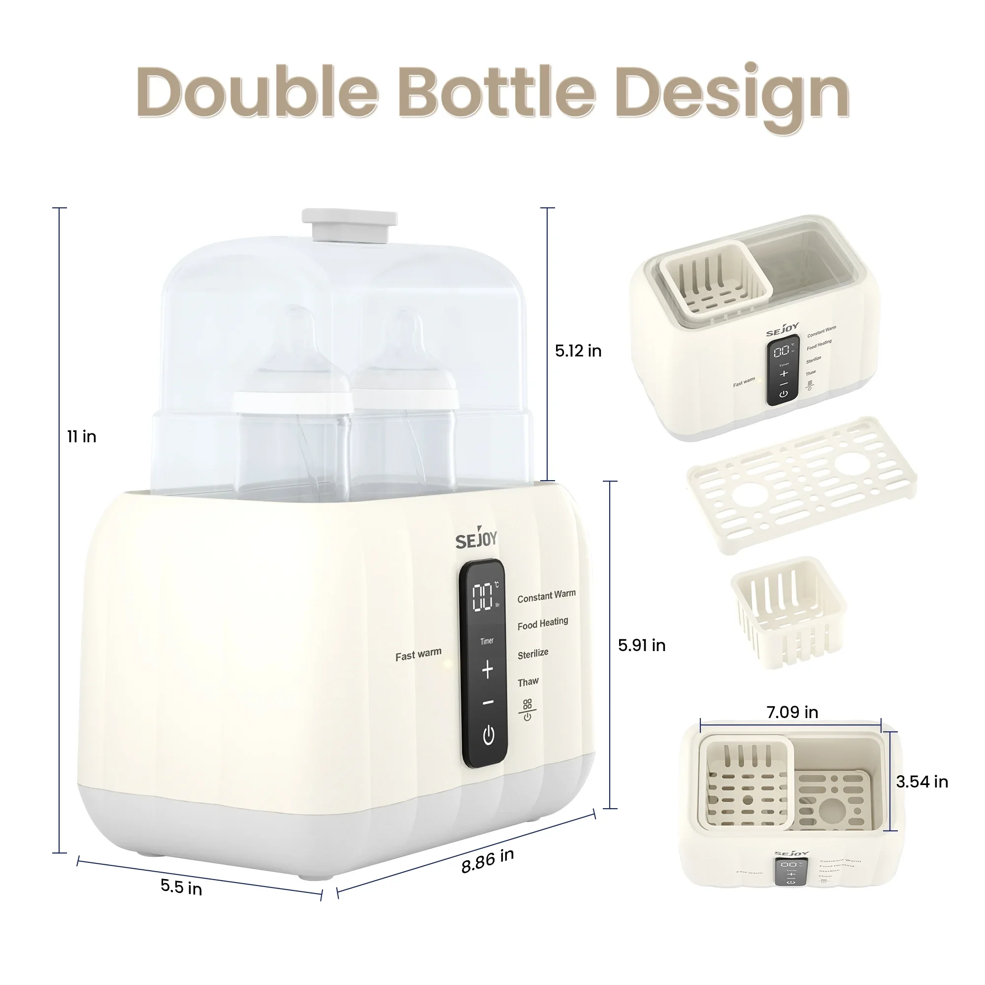 Sejoy Scaldabiberon veloce caldo con display LCD Sterilizzatore a vapore a doppia bottiglia 24 ore di controllo della temperatura Formula per latte materno