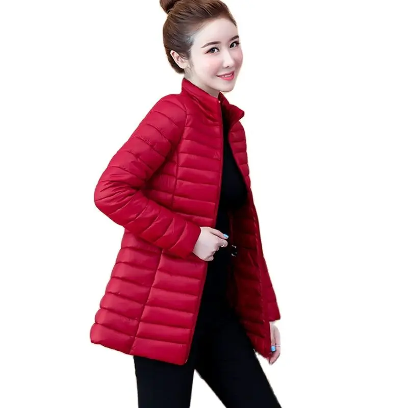 

2022 Women's Autumn Winter Coat New Solid Lightweight Down Padded Jacket Stand Collar Slim Female Mid Long Outerwear Casual Tops