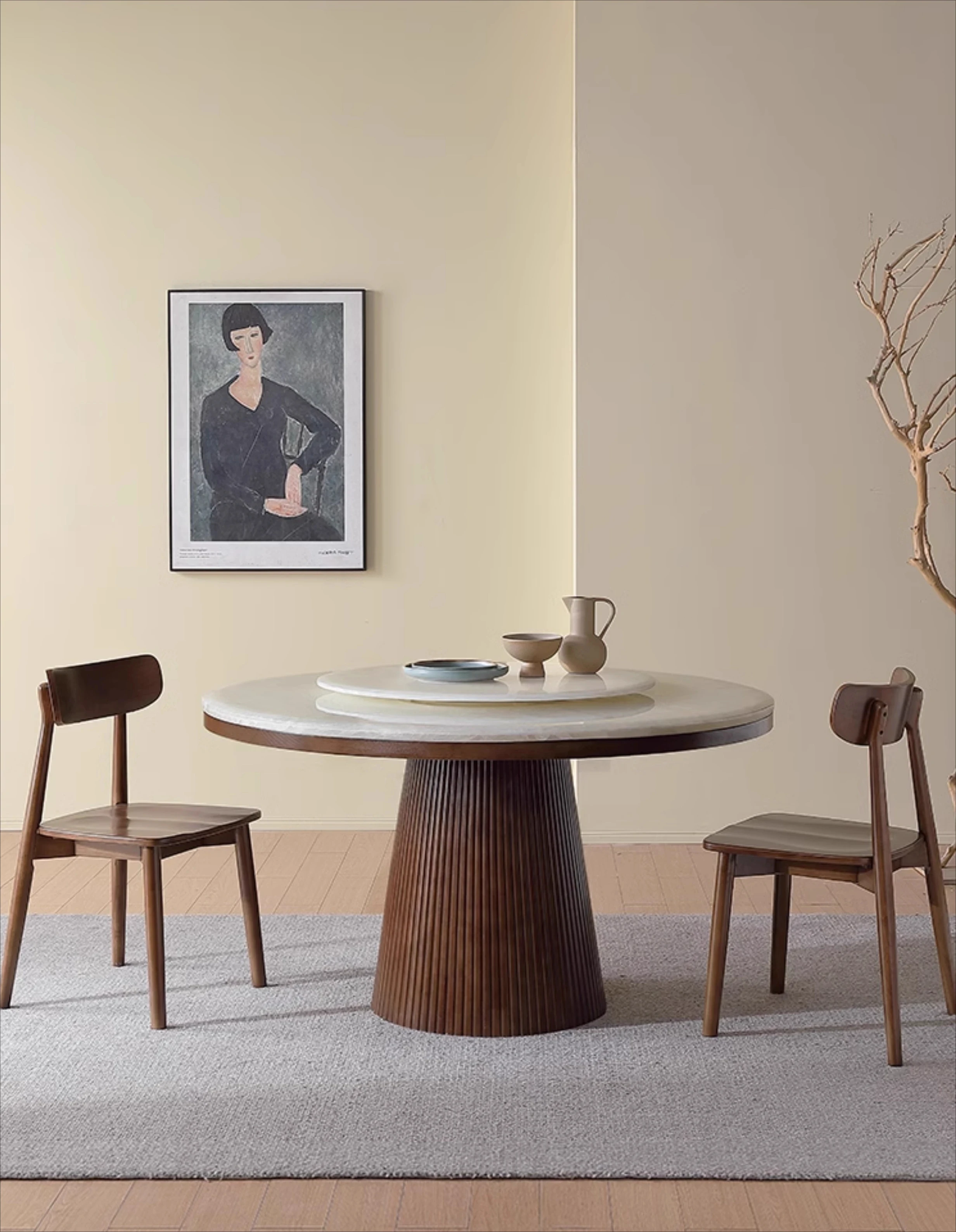 

New Chinese ash wood natural marble round dining table New white ice flower jade dining table