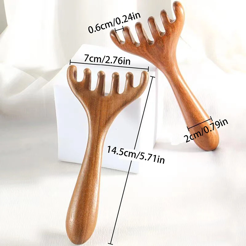 Peine de mango largo de diente ancho de madera Natural, masaje meridiano, cabeza antiestática, masajeador de seis garras, promueve la circulación sanguínea