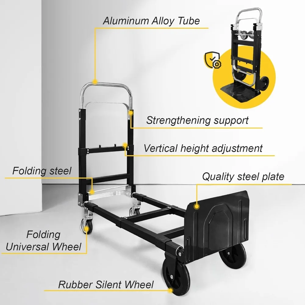 شاحنة يدوية من الألومنيوم 3 في 1 دوللي، عربة قابلة للطي شديدة التحمل بوزن 600 رطل مع عجلات عالمية، شاحنة يدوية قابلة للتحويل مع ربطة عنق #4
