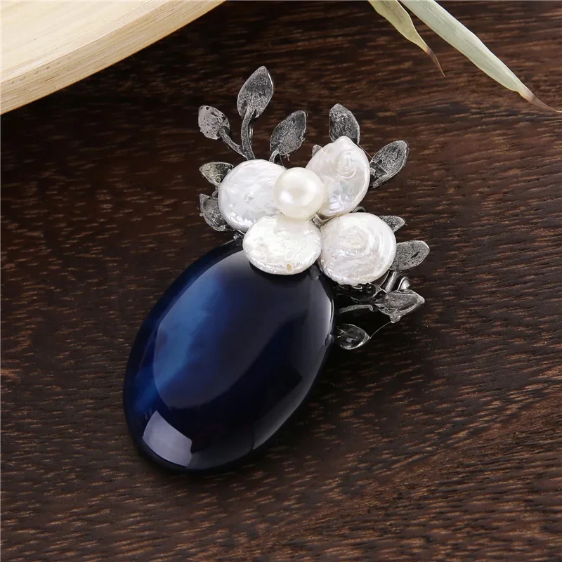 TDQUEEN Brooches Natural Stone Women Brooch Antique Silver Plated Safety Pin Jewelry Baroque Pearl Flower Brooch