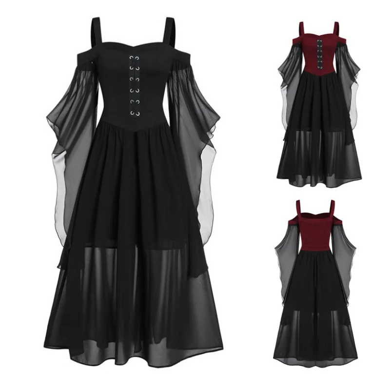 

Gothic Maxi Dress Irregular Patchwork Halloween Witch Suspicion Cleanfit Style Winter Women's PU Leather Lace Shirt