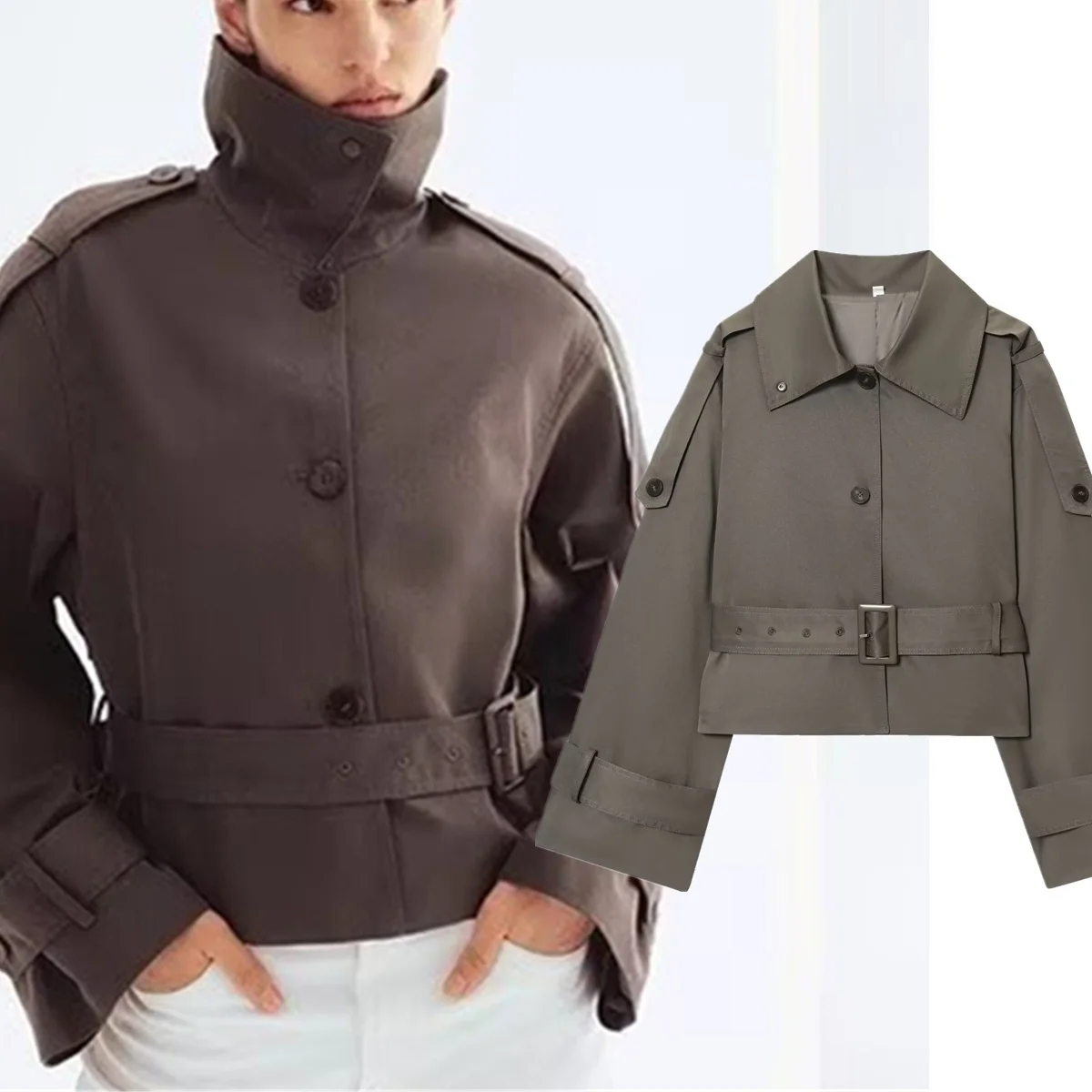 

Dave&Di French Style Dark Khaki Large-lapel Cloak Jacket Women Coat Tops Women's Jacket Woman Clothes Tops Trench Coat