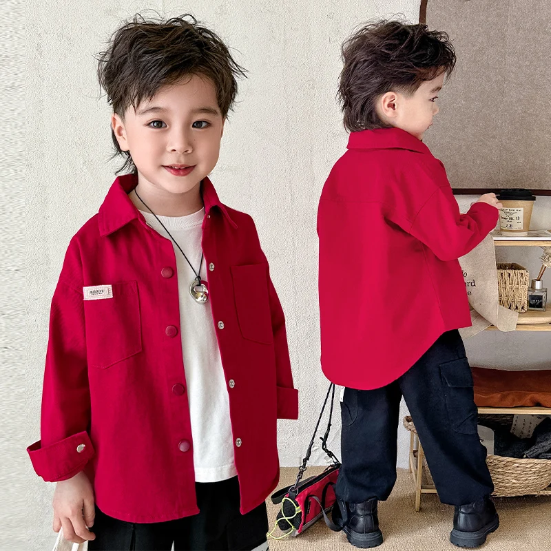 

Baby Child Solid Red Denim Jacket for Toddler Boys Casual Cotton Outfit Brief Style Unisex Kids Fashion Denim Coat Clothing 2-9Y