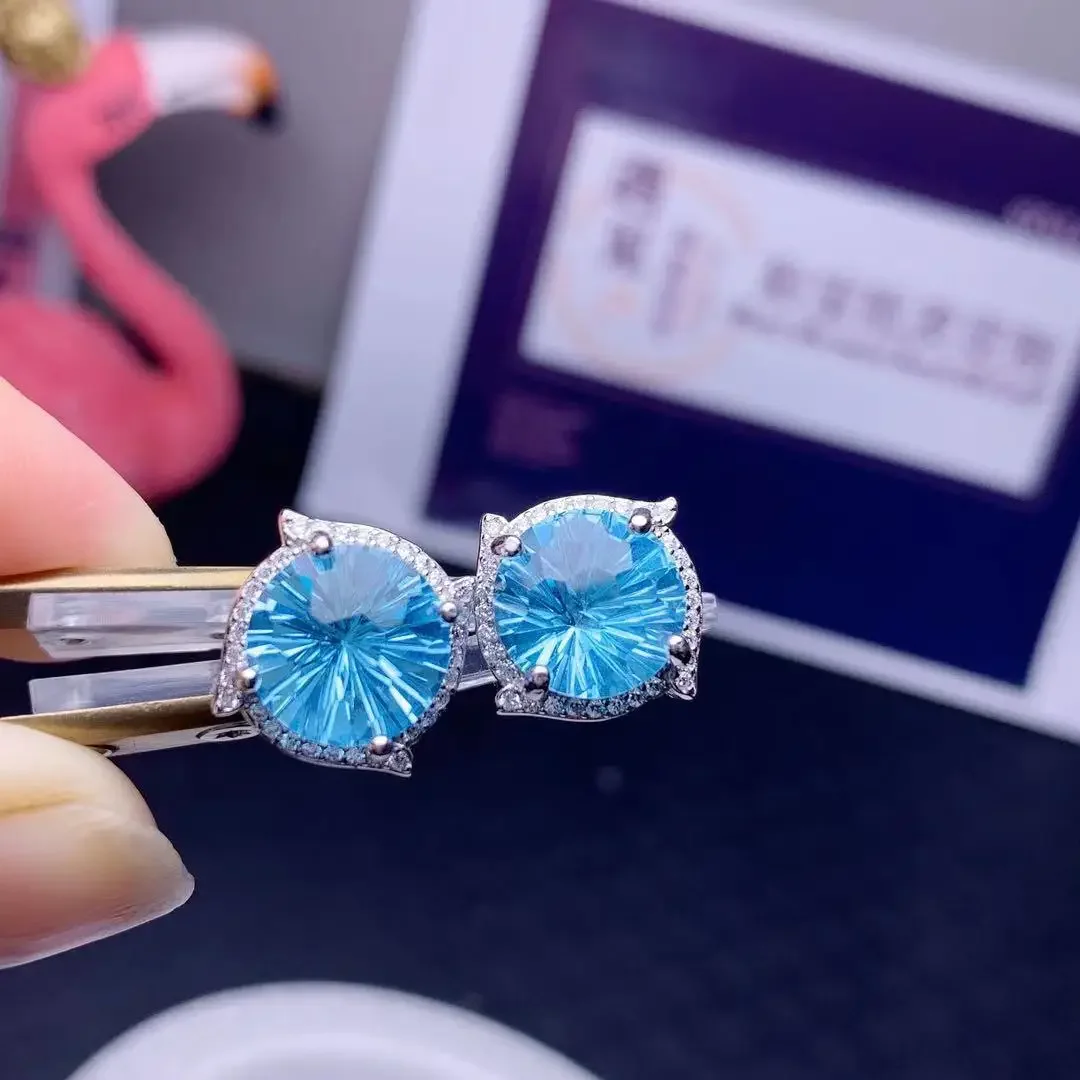 الفاخرة توباز وأقراط للحزب 3.5ct 10 مللي متر VVS الصف الطبيعي توباز أقراط الصلبة 925 الفضة الضوء الأزرق توباز مجوهرات #4