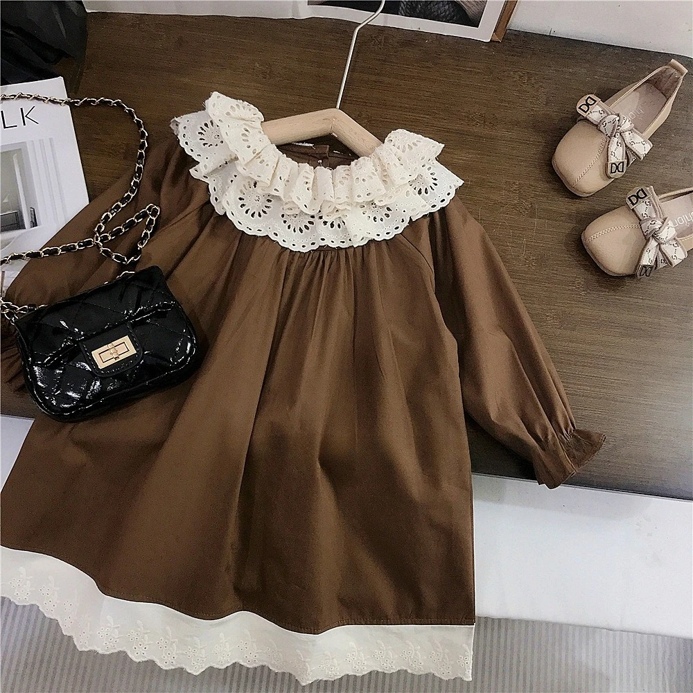 Autumn Casual Lace Print Lapel Long Sleeved Solid Color Dress for Daily Wear for Girls Aged 2-7