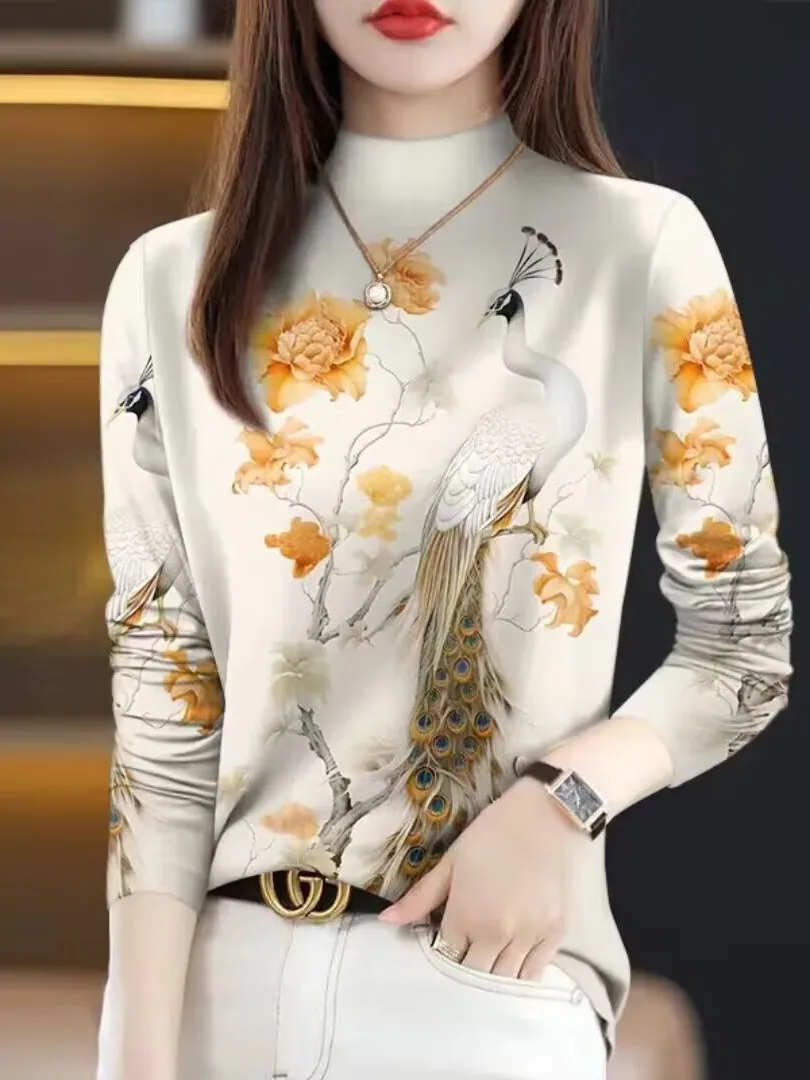 Spring 2026 Large Size Printed Long Sleeve Women's T-shirt Belly Covering Fashionable Commute Style Milk Fiber High Elasticity