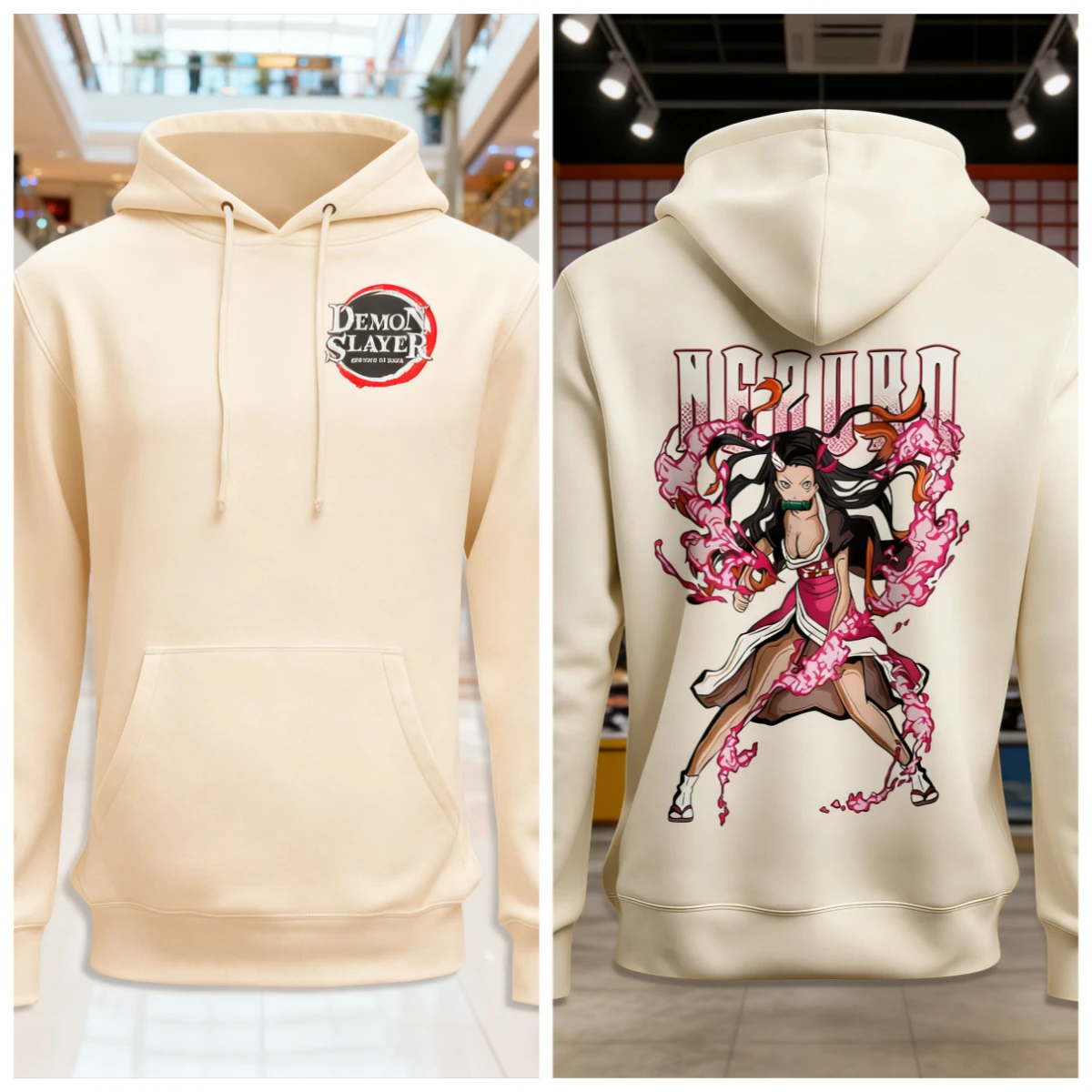 เสื้อฮู้ดผ้าฝ้ายลายอนิเมะดาบพิฆาตอสูร สีชมพู พิมพ์ลายตัวละครผมยาว ตาสีแดง ท่าทางดุดัน ลายเอฟเฟกต์เปลวไฟ สไตล์ลำลอง