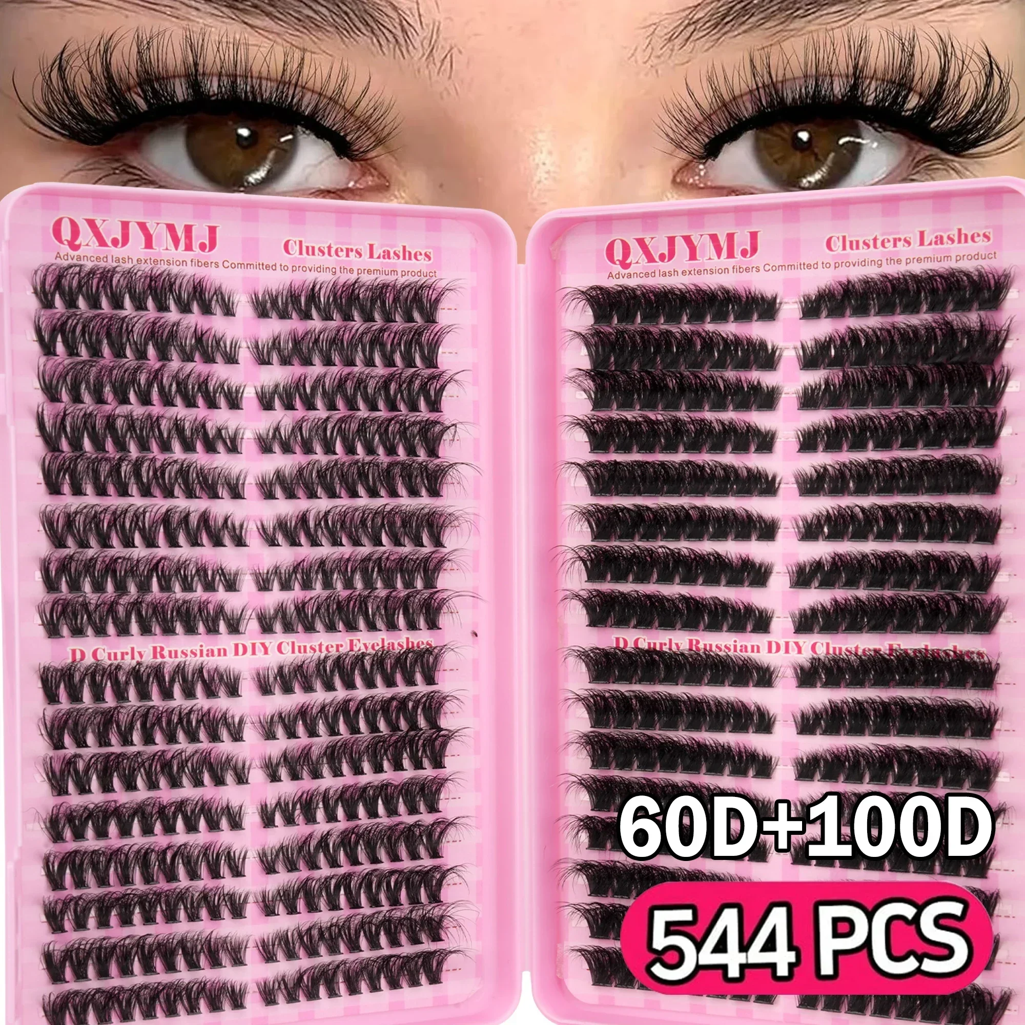 Russian D Curl Individual Lash Clusters 60D&100D Mixed False Eyelashes DIY Eyelash Extensions 544PCS For Dramatic Eye Makeup