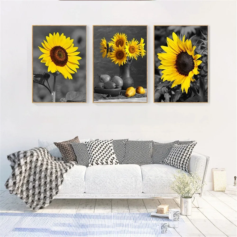 

Nordic modern abstract triptych black and white sunflower decoration living room bedroom canvas painting