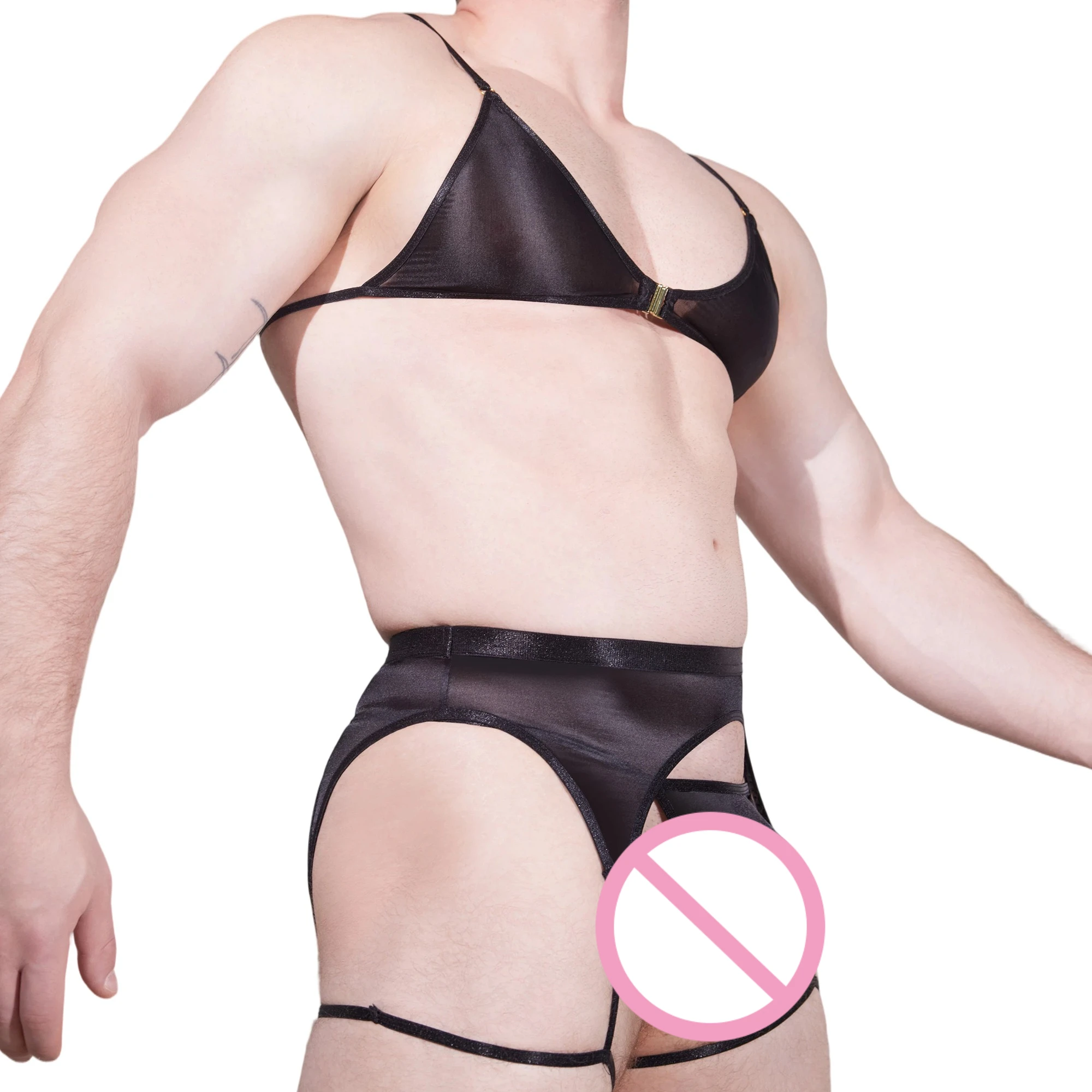 Men Novelty See-through Lace Lingerie Set Adjustable Spaghetti Strap Bra Garter Belt Thong Sexy 3pcs Intimate Male Underwear Kit
