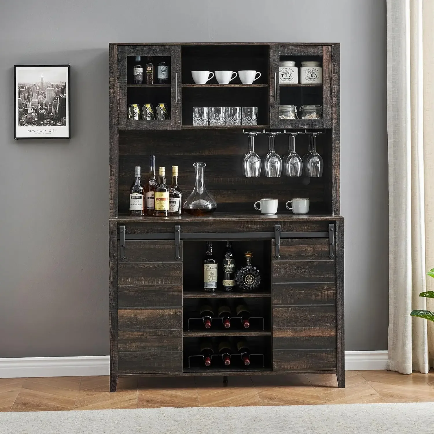 

70'' Tall Farmhouse Coffee Bar Cabinet, Kitchen Hutch Storage With Sliding Barn Door, Kitchen Buffet With Wine Rack, Glass Holde