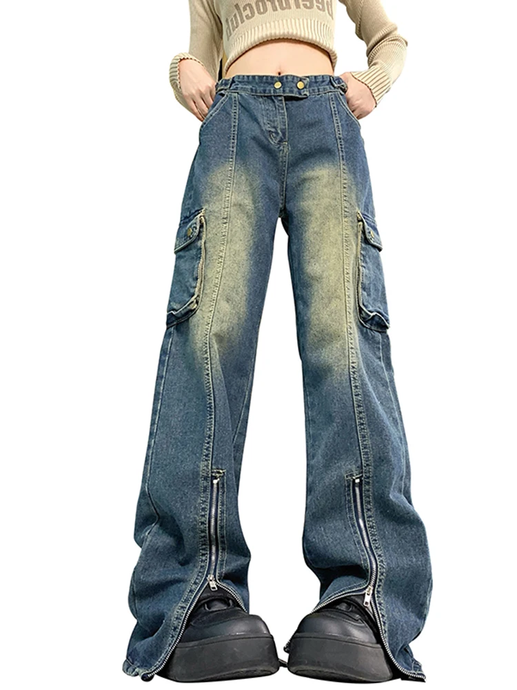 

Fashion Cuff Zipper Up Baggy Jeans Retro Designer High Waist Cargo Pants Denim Trousers Y2K Loose Casual Streetwear Blue Jeans