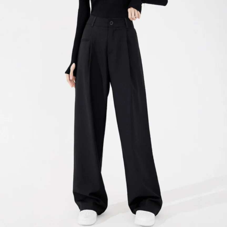 2025年新作通勤レトロブラックハイウエスト細身スーツストレートドレープモップワイドレッグヨーロッパとアメリカ