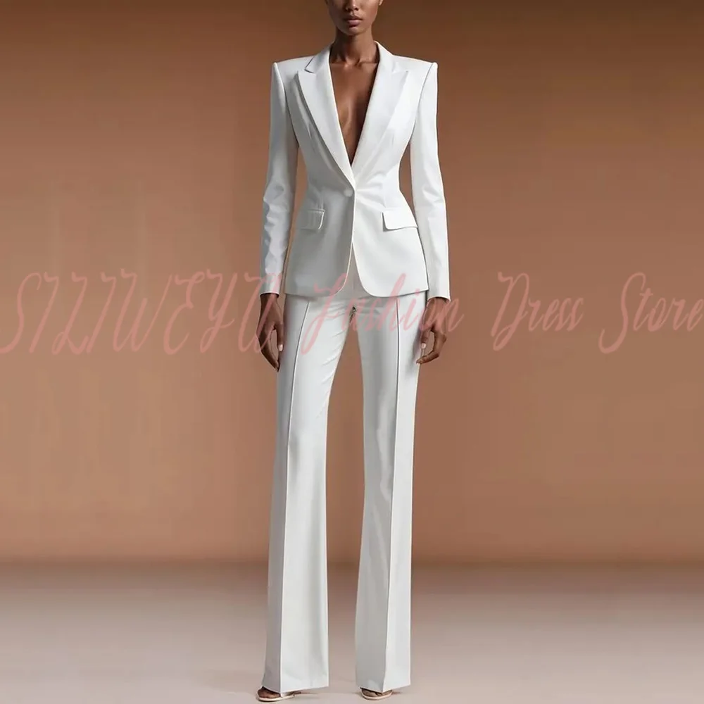 

Elegant 2 Pieces White Women Suit Jacket Pants High Quality Office Female Blazer Set Daily Work Commute Lady Chic Outfits