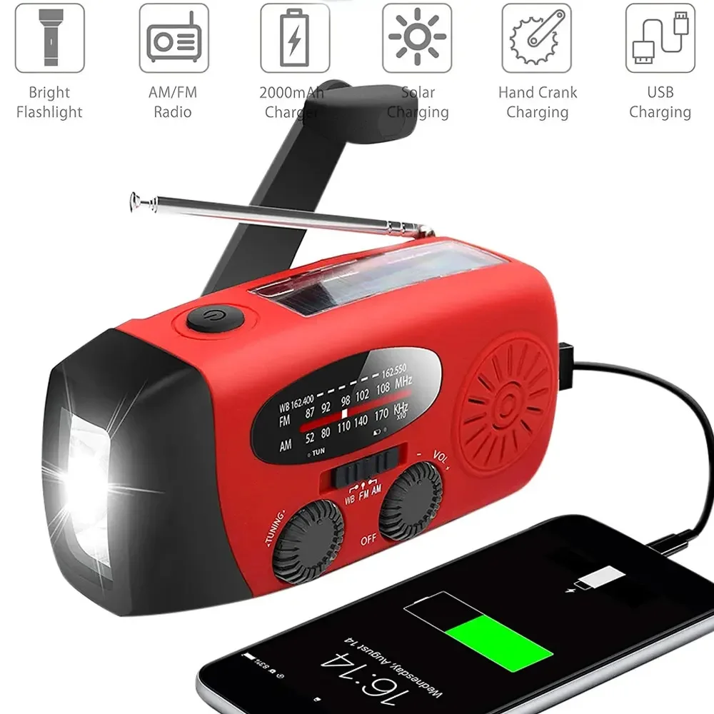 Multifunctional Solar Hand Crank Radio FM AM WB NOAA Weather Radio 2000mAh USB Charging Emergency LED Flashlight Power Ban