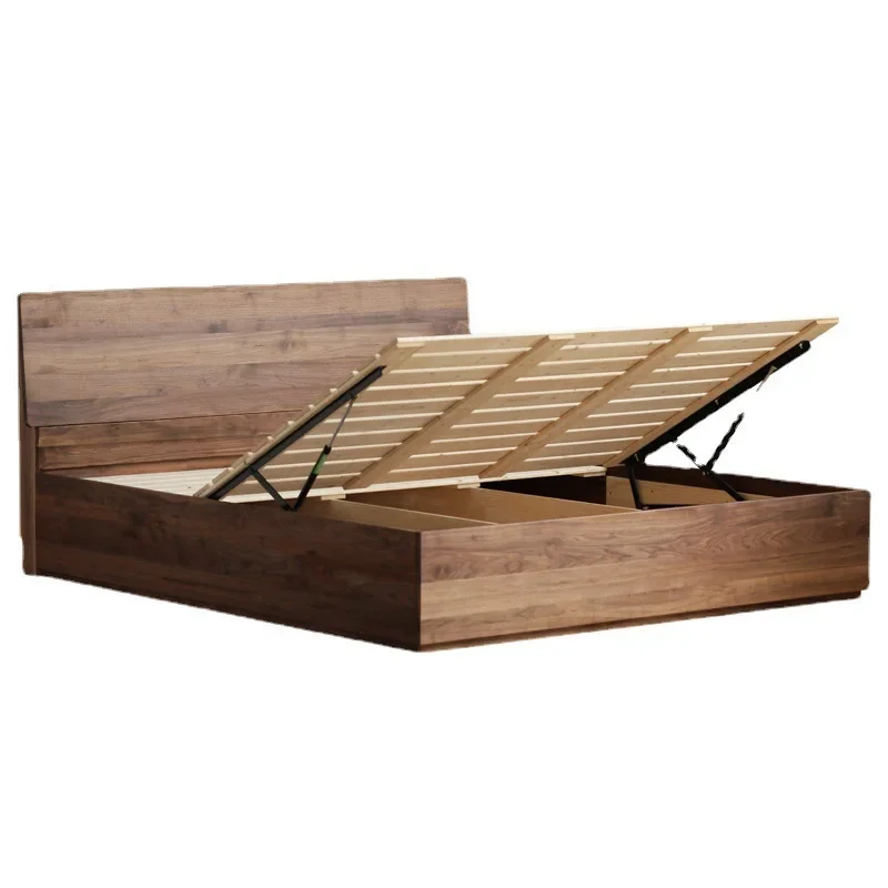 All solid wood hydraulic high box bed, North American black walnut storage bed