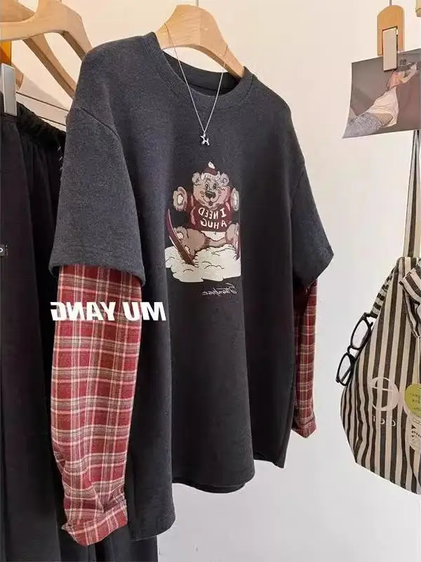 Large Size 300 Pounds Grid Splicing Bear Long Sleeve T-Shirt Women's Autumn Winter Faux Two-Piece Velvet Brushed Top