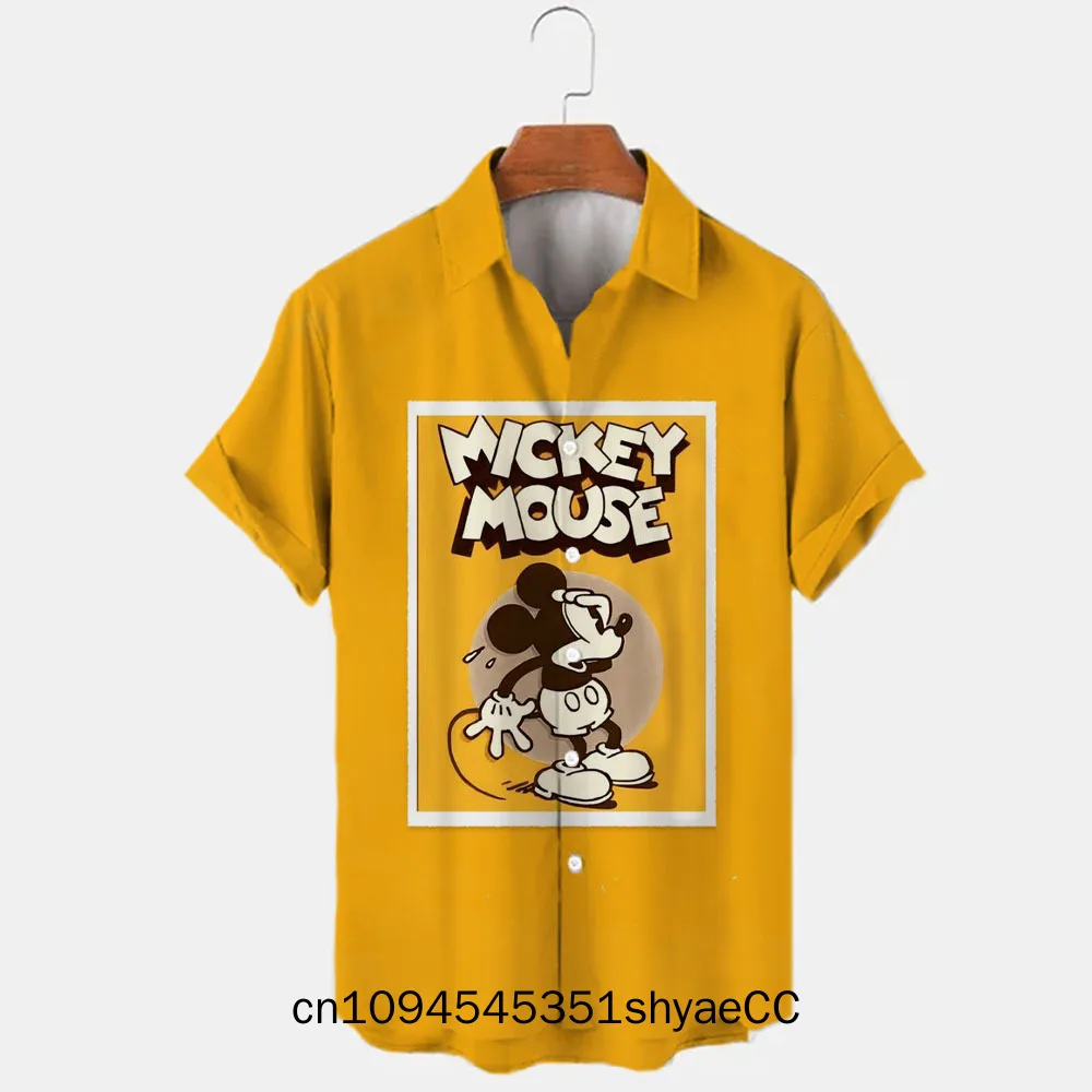 Miniso Summer 2025 Disney Stitch And Mickey Brand Cartoon Casual 3D Printed Short Sleeve Lapel Shirt Slim Fit Men's Top