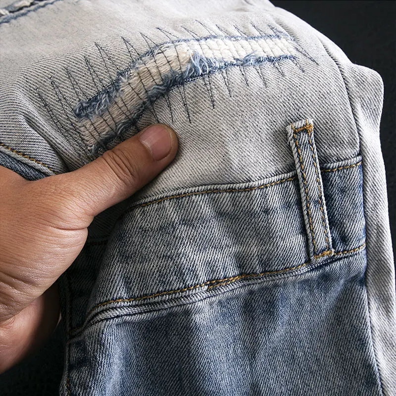Street Fashion Men Jeans Retro Light Blue Stretch Slim Fit Ripped Jeans Men Pocket Designer Patched Hip Hop Denim Pants Hombre