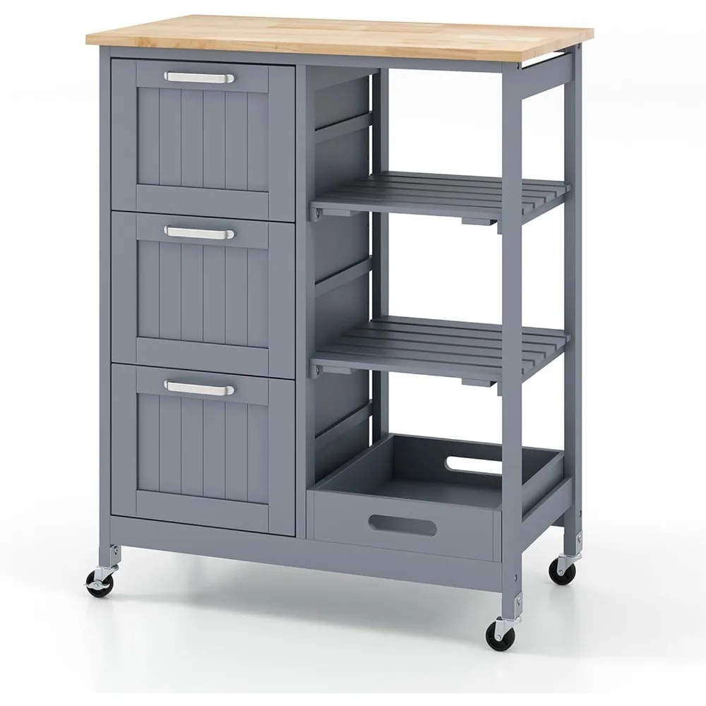 

Kitchen Utility Cart on Wheels, Dining Trolley with Drawers, Rubberwood Tabletop, Kitchen Mobile Trolley with Storage Space
