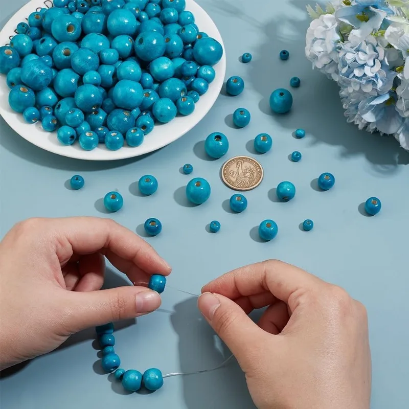 580pcs 7 Size Spacer Wood Beads 6-20mm Dyed Natural Wood Beads Large Hole Blue Wood Beads Round Ball Loose Beads for Jewelry