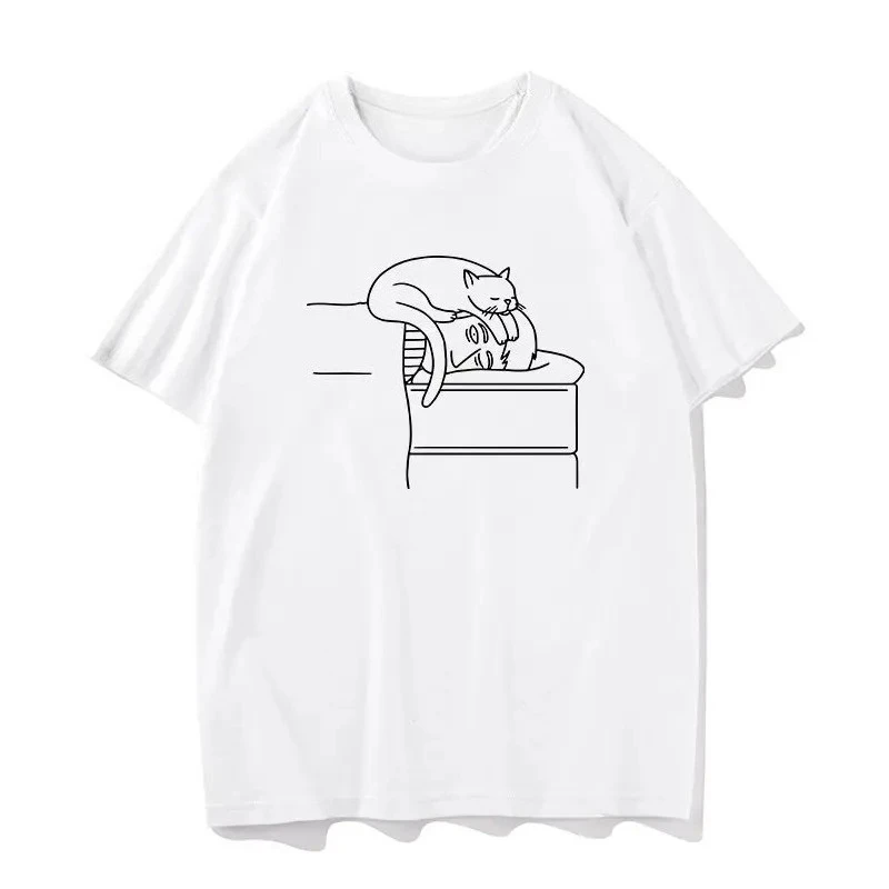 Cat Simple Drawing  Printed Men's and Women Fashion Trend Short Sleeved New Personalized Round Neck Casual Tshirt 2000s Clothes