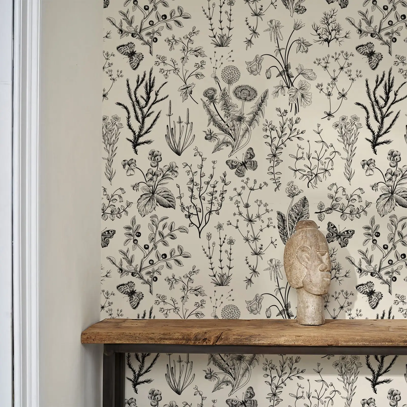 

Black and Beige Vintage Herbs Wallpaper, Retro Floral Wall Art, Monochrome Botanical Wallpaper,Or Tradition Un-paste Wall Mural