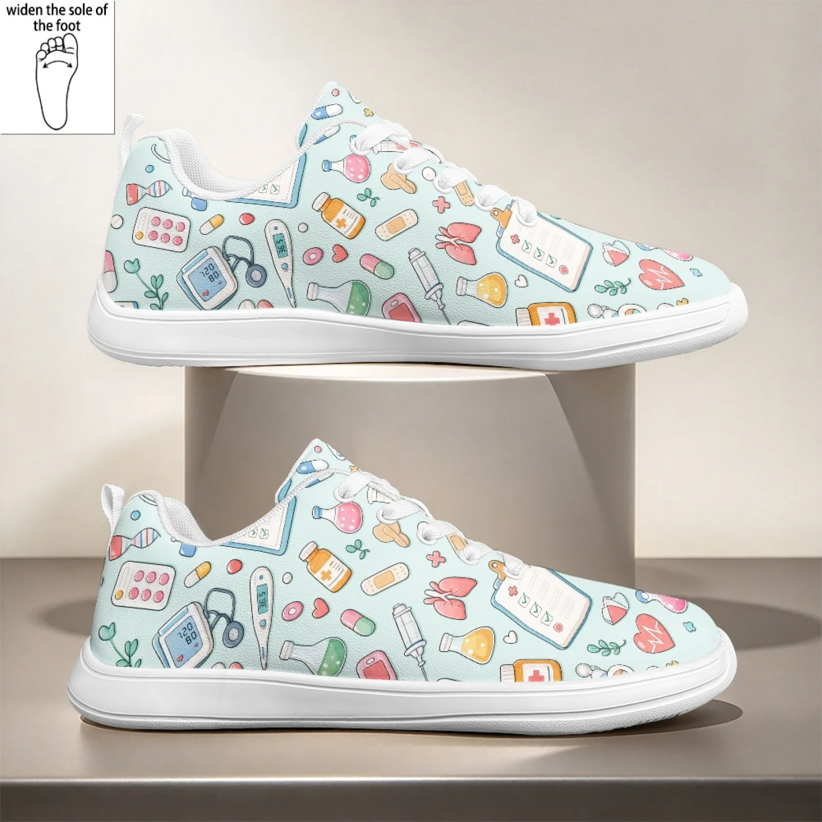 PENSTROLL Cute Medical Icon Print Wide Width Walking Sneakers for Women Hospital Office Washable Nursing Shoes