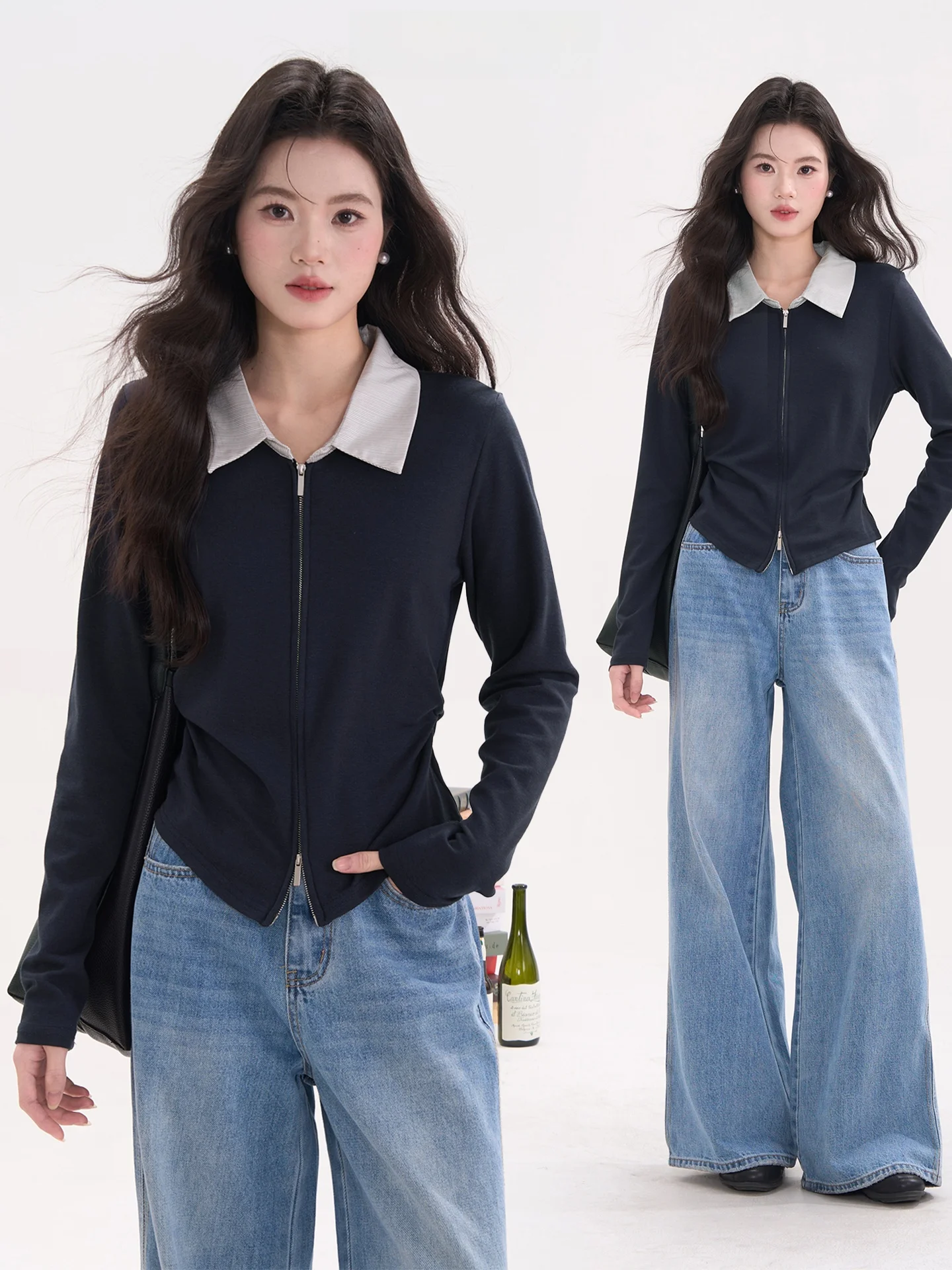 

Кардиган-топ Good Night Tune с воротником, в полоску, с двойной молнией, длинными рукавами, в стиле пэчворк, повседневный, средней длины