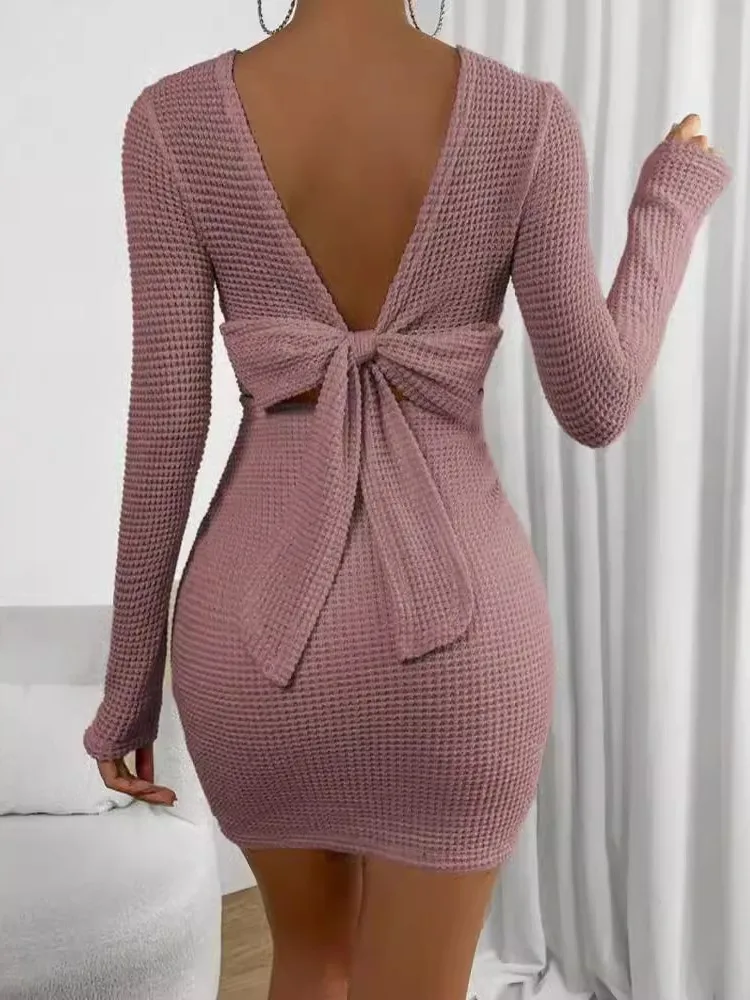 

Solid Color Slim Mini Dresses Women Backless Leace-up Bowknot Package Hip Bodycon Short Dress Female Autumn Winter New Vestidos