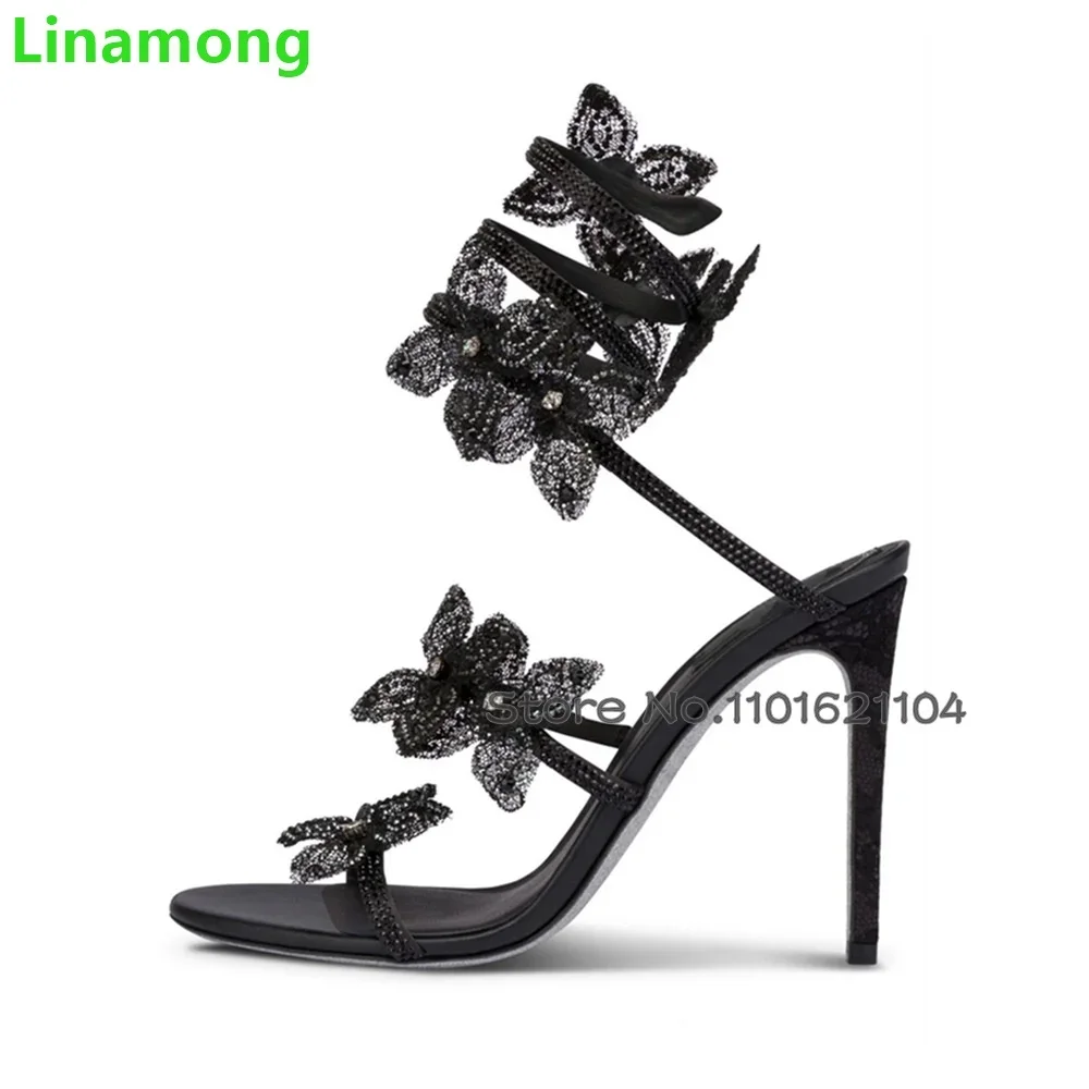 

Ankle Entwined Flowers Luxury Sandals For Female Women Summer Runway Dress Thin High Heel Round Toe Elegant Sweet Girl's Shoes