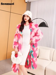 Nerazzurri Winter Long Loose Chic Luxury Colorful Hairy Shaggy Thick Warm Faux Fur Coat Women Shawl Collar Runway Fashion 2023