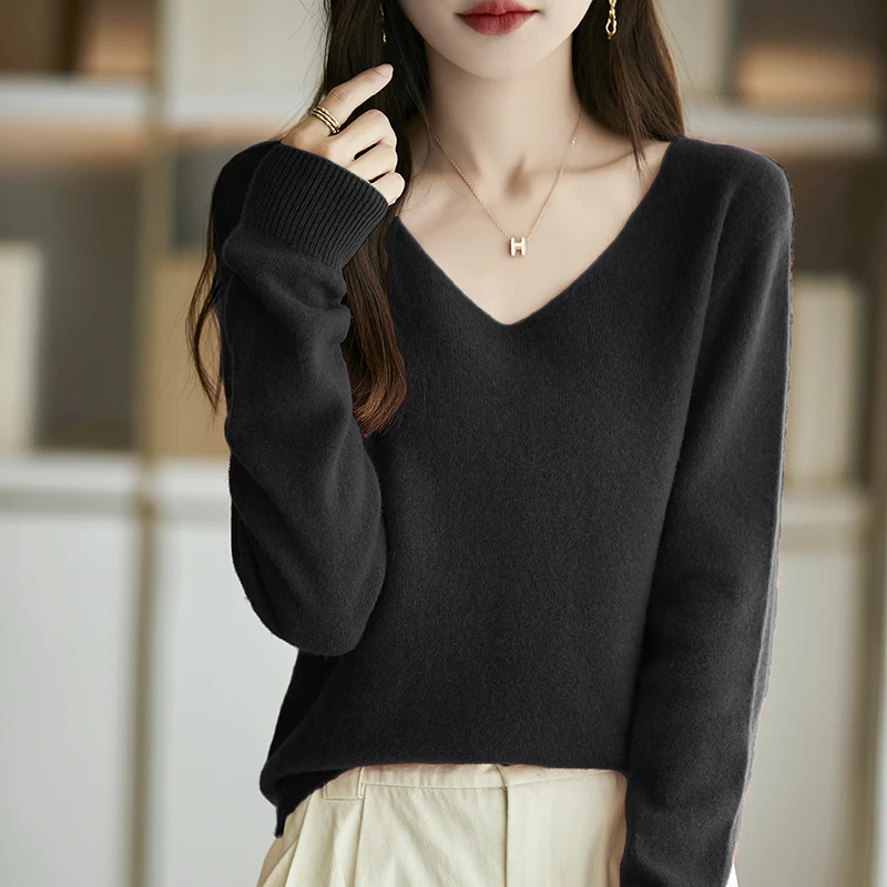 New Women\'s Wool Sweater V-neck Long Sleeve Pullover Soft 30% Merino Wool Knitwear Spring Autumn Cashmere Chic Tops