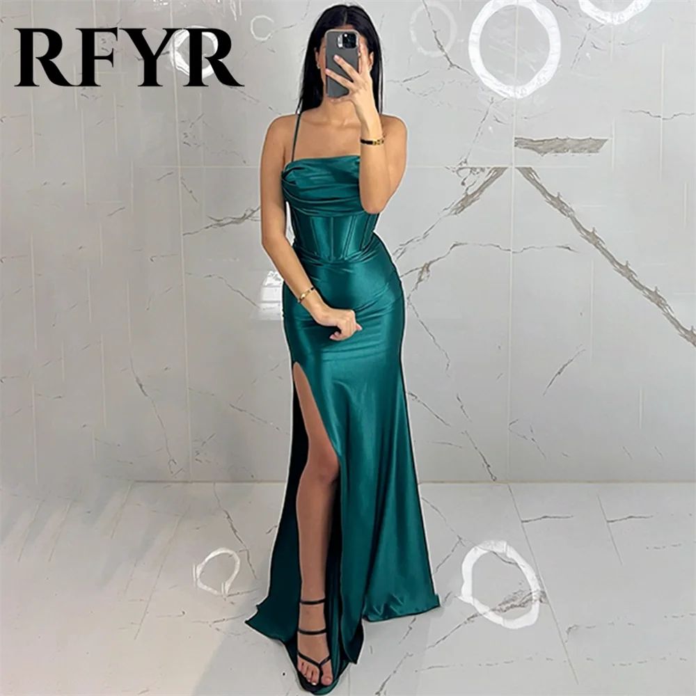 

RFYR Green Evening Gown Trumpet Strapless Prom Dress Spaghetti Strap Pleats Stain Evening Dress with Side Slit robes de soirée